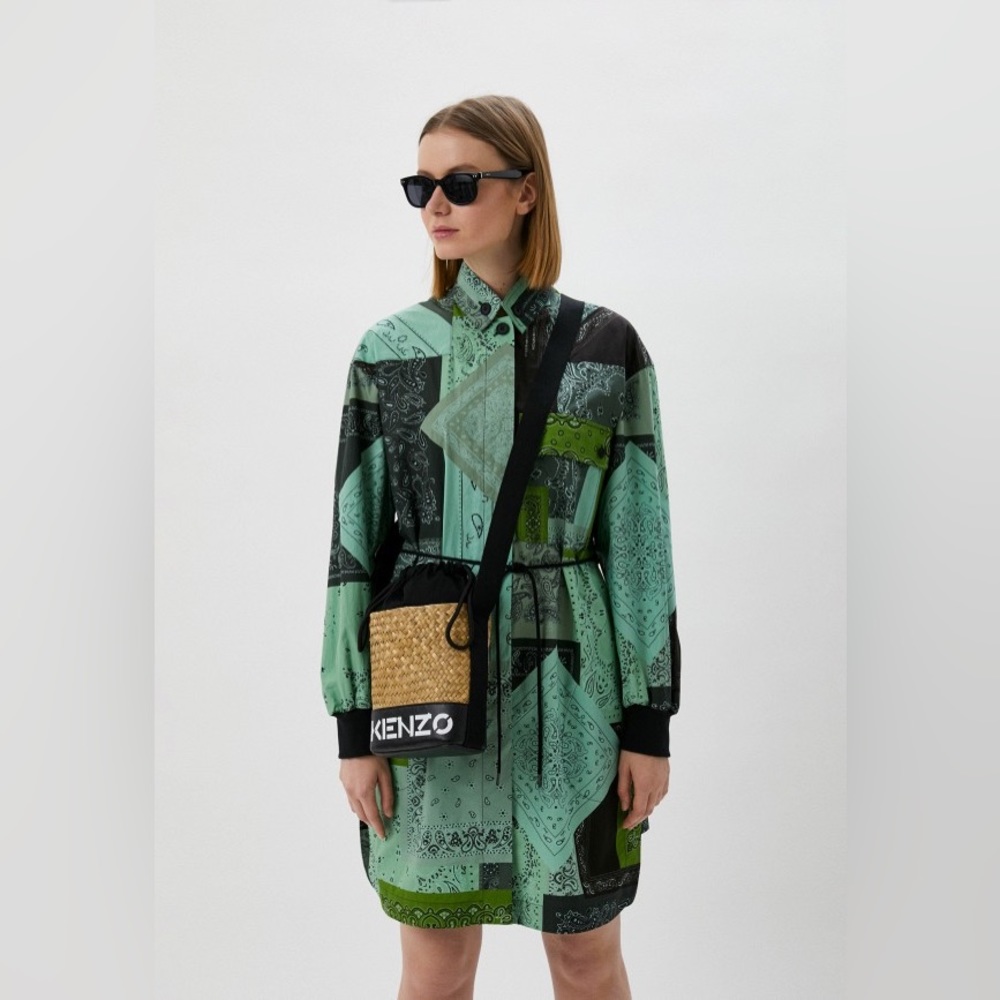 $620 NWT Kenzo Green Paisley Print Long-sleeved Shirt Dress